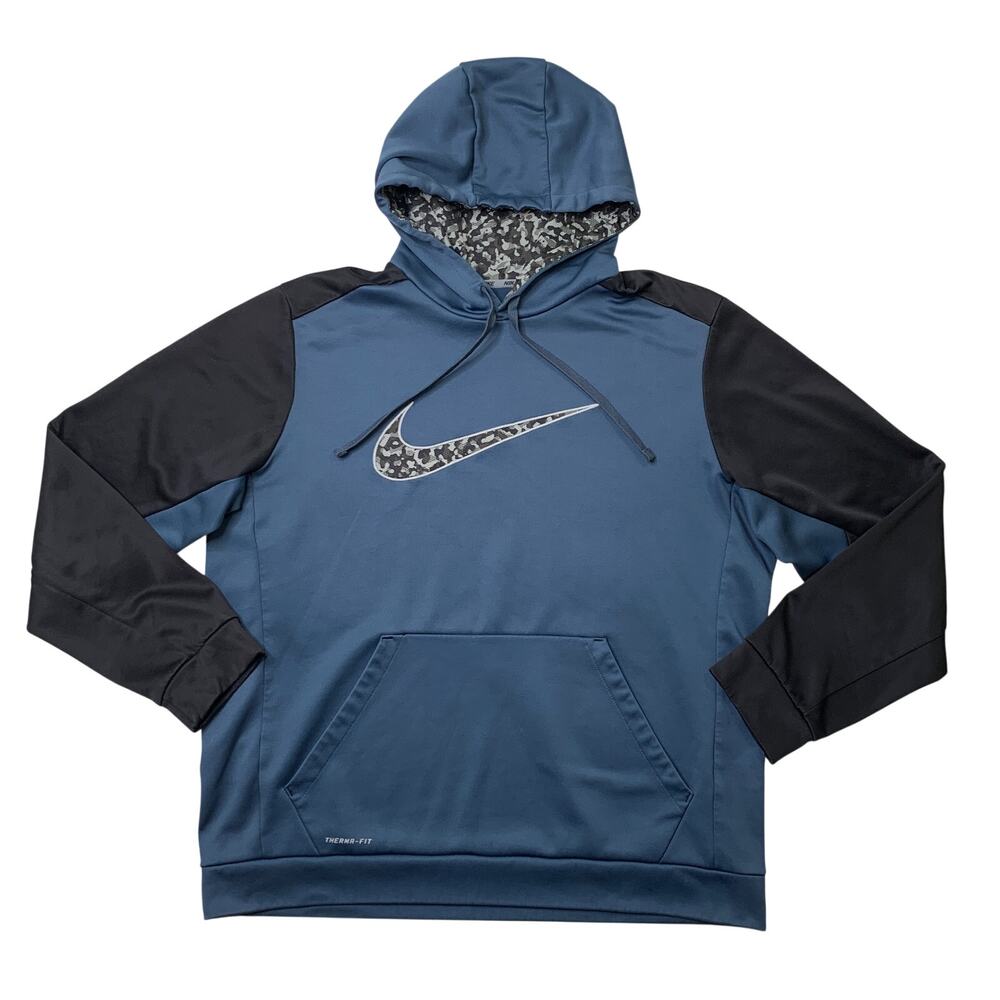 Nike Hoodie Mens XL Dusty Teal Black Therma Fit KO Wetland Fleece Lined Pullover